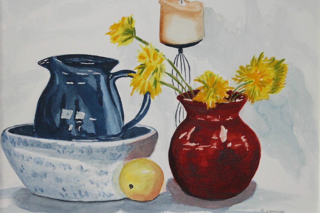 Lemon, Red Vase, Blue Pitcher